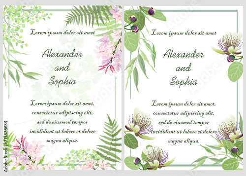 Wedding invitation card templates with floral design and copy space, vector illustration.