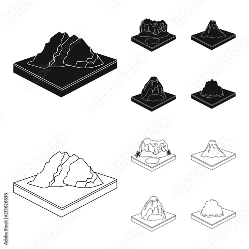 Mountains, rocks and landscape. Relief and mountains set collection icons in black,outline style isometric vector symbol stock illustration web.