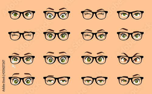 Cartoon female eyes. Colored vector closeup eyes with glasses. Female woman eyes and brows image collection set. Emotions eyes. Illustration