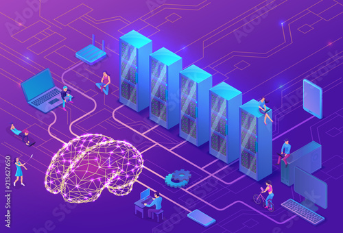 Data storage and artificial intelligence concept with electric brain, people, neural network, isometric 3d illustration with smartphone, laptop, server, mobile gadget, modern data storage banner