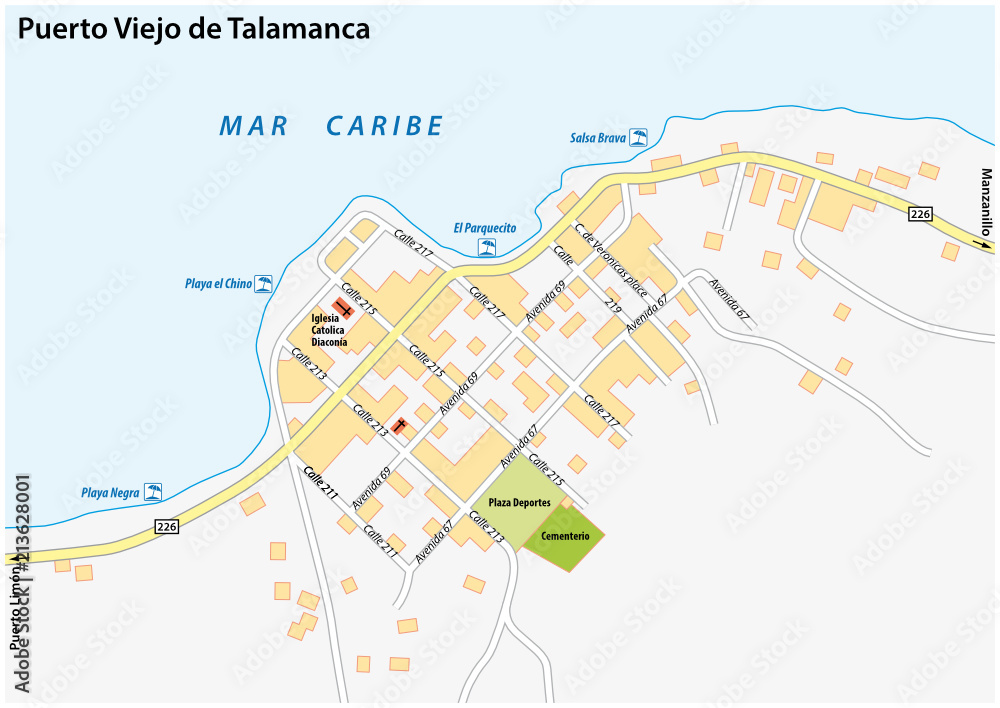 Puerto Viejo de Talamanca city map, Costa Rica vector de Stock | Adobe Stock