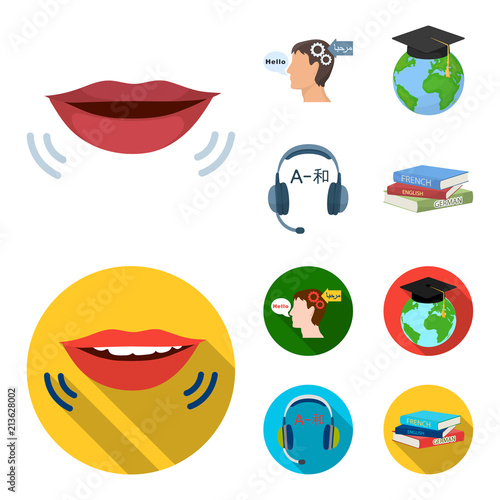 The mouth of the person speaking, the person head translating the text, the globe with the master cap, the headphones with the translation. Interpreter and translator set collection icons in cartoon