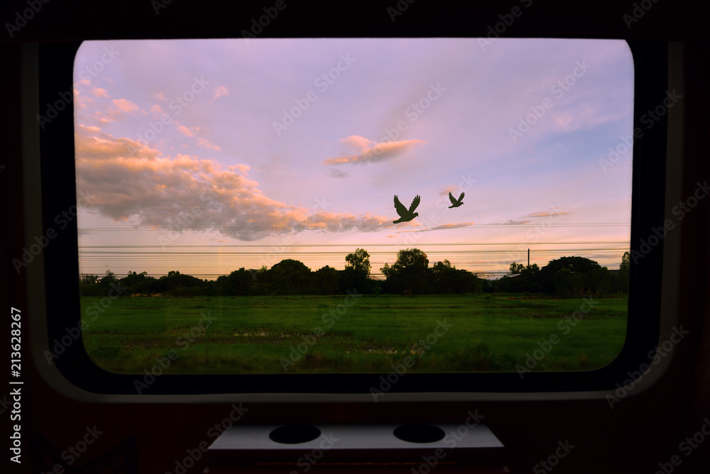 Naklejka premium Widok z okna pociągu z widokiem na wschód słońca z ptakami