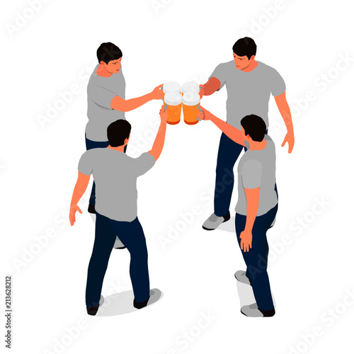 Four identical men clink glasses with beer. Men in isometric projection are located in different layers for editing, vector.