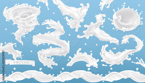 Milk splash. 3d realistic vector icon set