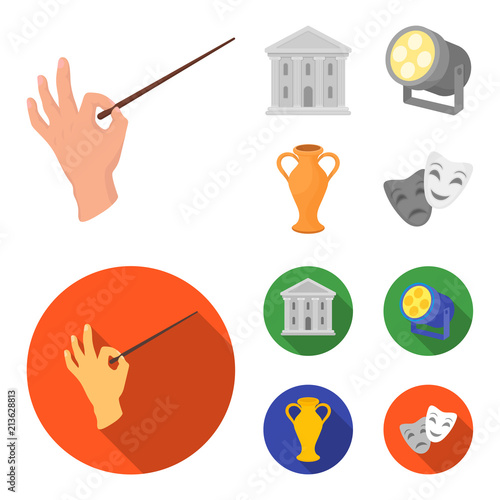 Conductor baton, theater building, searchlight, amphora.Theatre set collection icons in cartoon,flat style vector symbol stock illustration web.