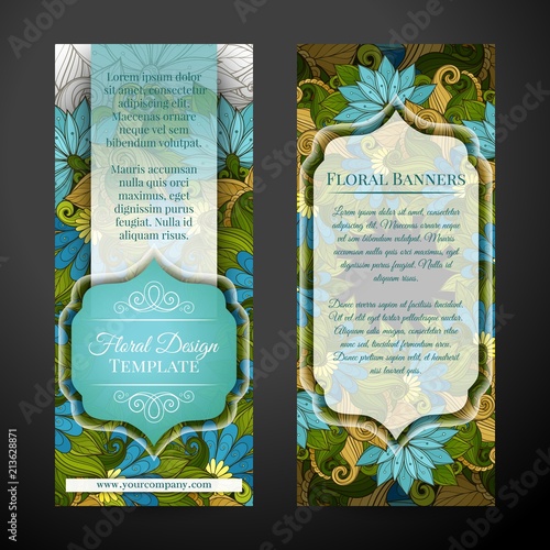 Set of Vertical Banners, Web Design Element. Beautiful Abstract Flowers, Elegant Feminine Template. Corporate Identity, Flyer, Greeting Card, Invitation. Vector Illustration. Clipping Mask, Editable