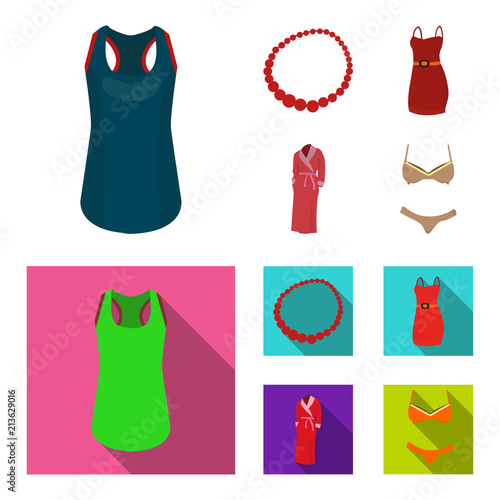 T-shirt, beads, summer women sarafan on straps with a belt, a home gown. Women clothing set collection icons in cartoon,flat style vector symbol stock illustration web.