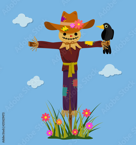 Happy smiling scarecrow with crow. Vector illustration.
