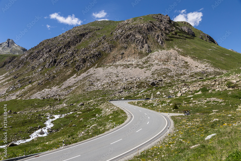 Mountain road to the Julierpass in the Graubunden (Grisons) Canton in the alps in Switzerland