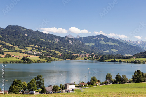Gruyeres lake with the alps in the background in Canton Fribourg in Switzerland
