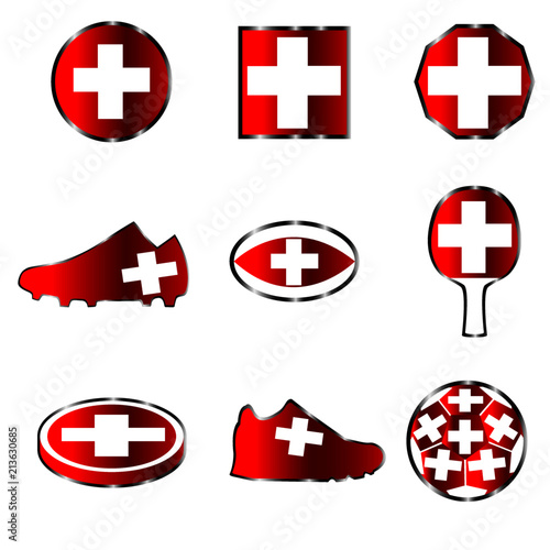 Set of different geometric and sporting figures, made from the colors of the flag of Switzerland