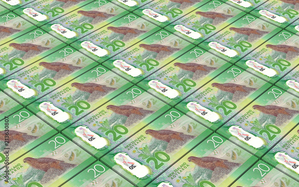 New Zealand dollar bills stacked background. 3D illustration.