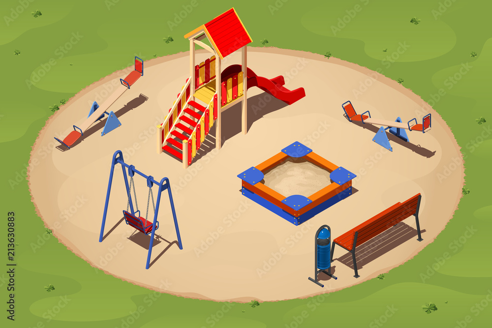 Детская площадка на круглой песочной полянке среди травы, изометрический  векторный рисунок Stock Vector | Adobe Stock