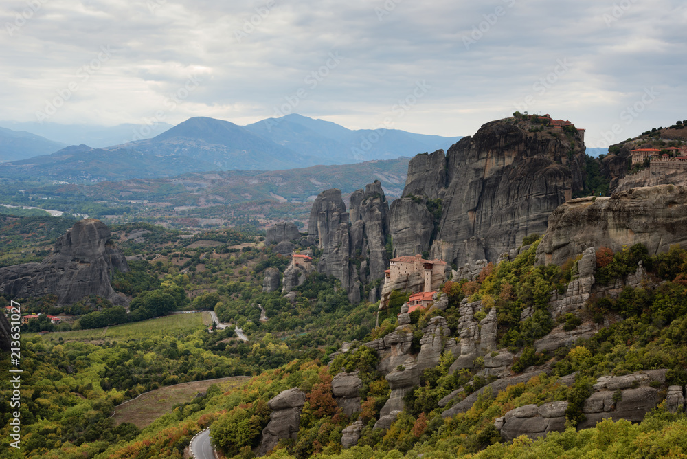 Magnificent autumn landscape.The Monastery of Rousanou or St. Barbara Monastery and the Monastery of St. Nicholas at Meteora.