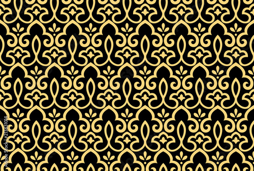 Wallpaper in the style of Baroque. Seamless vector background. Gold and black floral ornament. Graphic pattern for fabric, wallpaper, packaging. Ornate Damask flower ornament