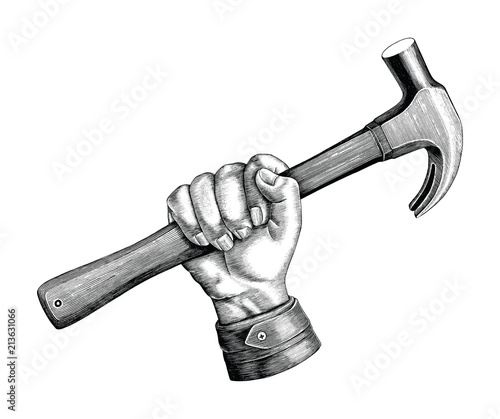 Hand holding hammer illustration vintage clip art for carpenter logo isolated on white background