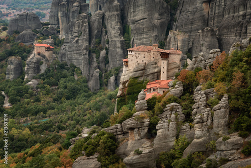Magnificent autumn landscape.The Monastery of Rousanou or St. Barbara Monastery and the Monastery of St. Nicholas at Meteora.