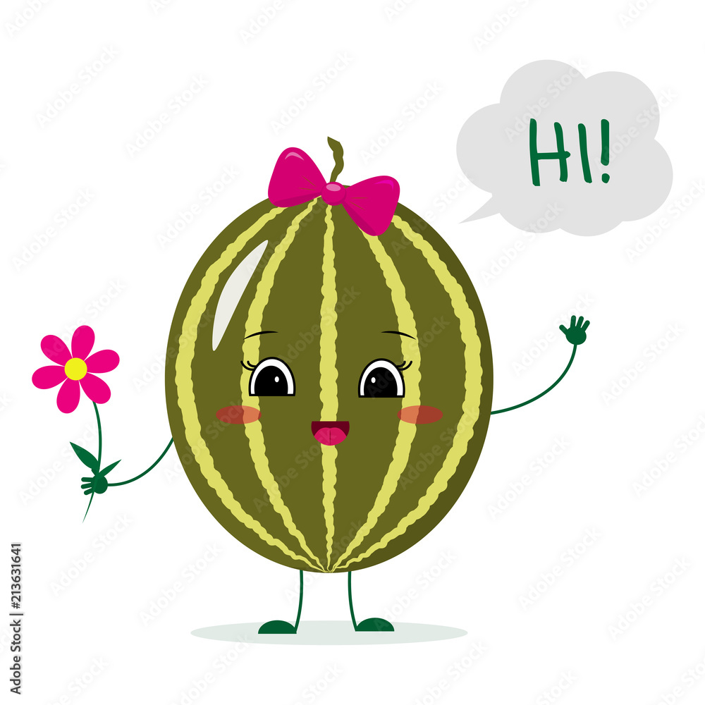 Cute watermelon cartoon character with a pink bow holding a flower and   illustration, a flat style. Stock Vector | Adobe Stock