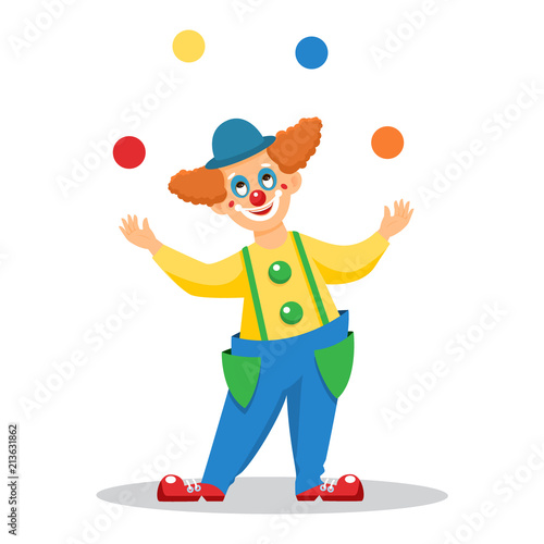 Funny cartoon clown juggles with balls.Isolated on white background.Line art design.Vector illustration