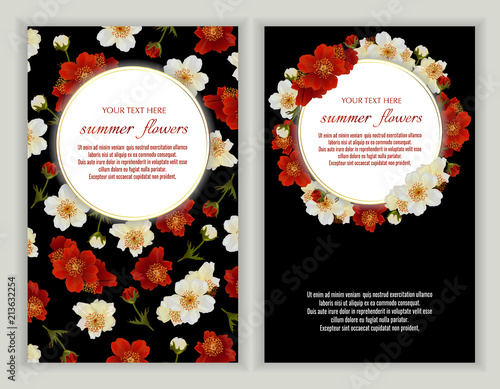 Vector banners set with summer flowers on black.Template for greeting cards, wedding decorations, invitation ,sales. Spring or summer design. Place for text.