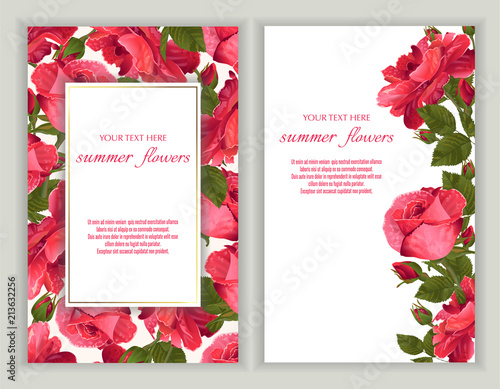 Vector banners set with roses flowers.Template for greeting cards, wedding decorations, invitation ,sales. Spring or summer design. Place for text.