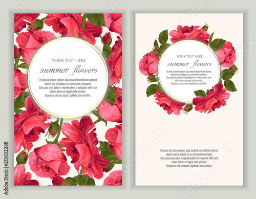 Vector banners set with roses flowers.Template for greeting cards, wedding decorations, invitation ,sales. Spring or summer design. Place for text.