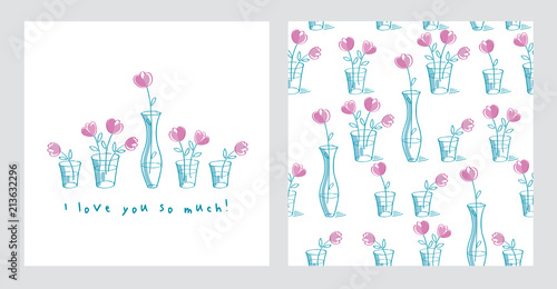 Set of card and simple floral seamless pattern with hand drawn pink flowers for textile, wallpapers, gift wrap and scrapbook. White background. Vector illustration.