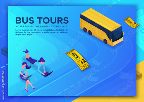 Bus travel concept, landing page template with isometric 3d icons, girl booking online tour and buying ticket, using smartphone, laptop, application design, vector illustration with people