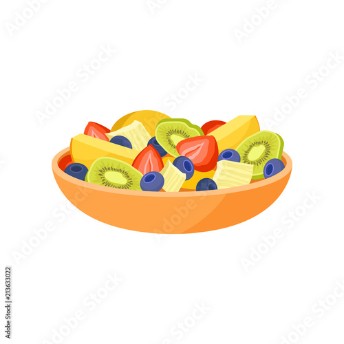 Orange bowl with fresh fruits and berries. Organic and healthy food. Vegetarian nutrition. Flat vector icon