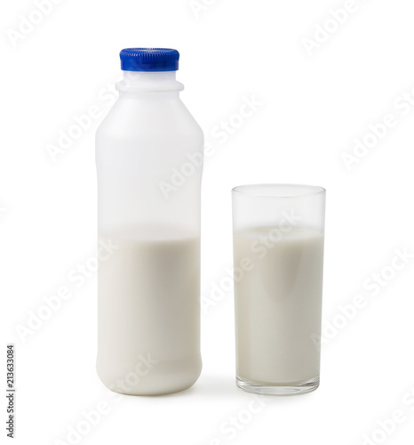 A bottle and glass of milk on white background