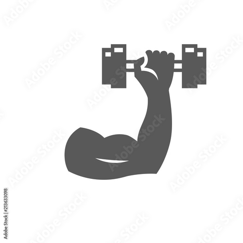 Flexed hand muscle with dumbbell in grayscale. Vector illustration.