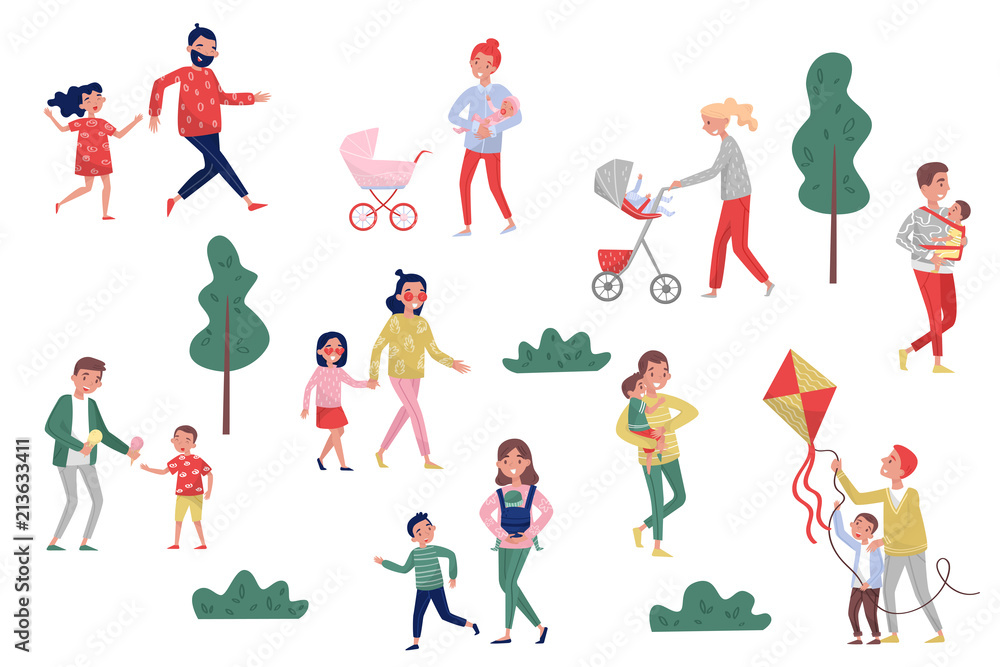 Flat vector set of parents with kids in different actions. Happy childhood. Active lifestyle. Fatherhood and motherhood concept