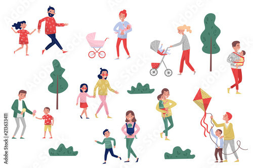 Flat vector set of parents with kids in different actions. Happy childhood. Active lifestyle. Fatherhood and motherhood concept
