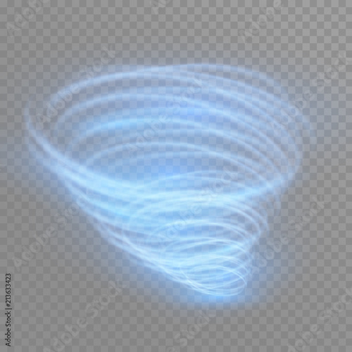 A glowing tornado. Rotating wind. Beautiful wind effect. Isolated on a transparent background. Vector illustration