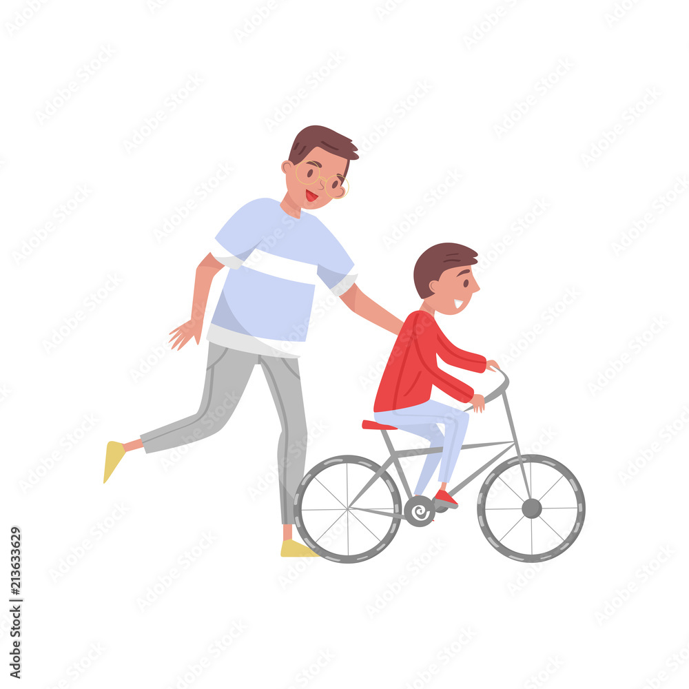 Happy father teaching his son riding bicycle. Outdoor activity. The first bike. Fatherhood theme. Flat vector design Happy father teaching his son riding bicycle. Outdoor activity. The first bike. Fatherhood theme. Flat vector design