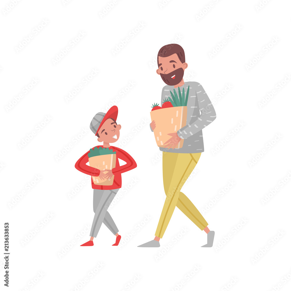 Father and son with shopping bags. Bearded man and little boy carrying paper bags with groceries. Flat vector illustration Father and son with shopping bags. Bearded man and little boy carrying paper bags with groceries. Flat vector illustration