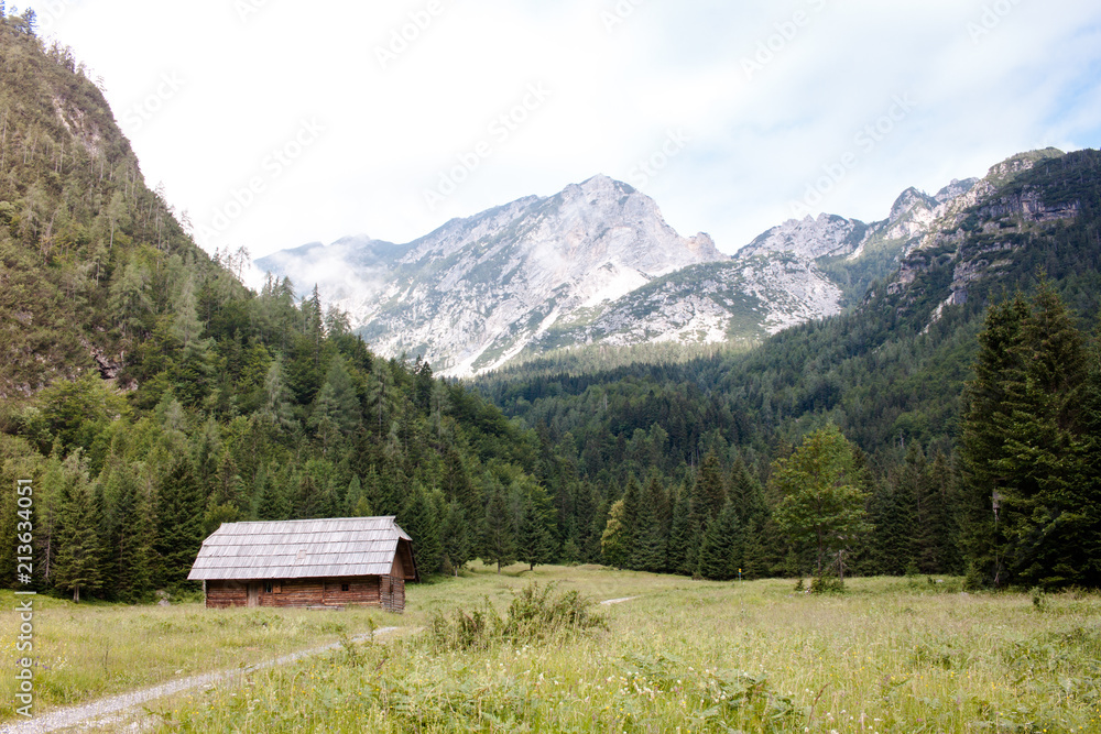 Wooden hut in Triglav national park, Slovenia. Julian Alps.