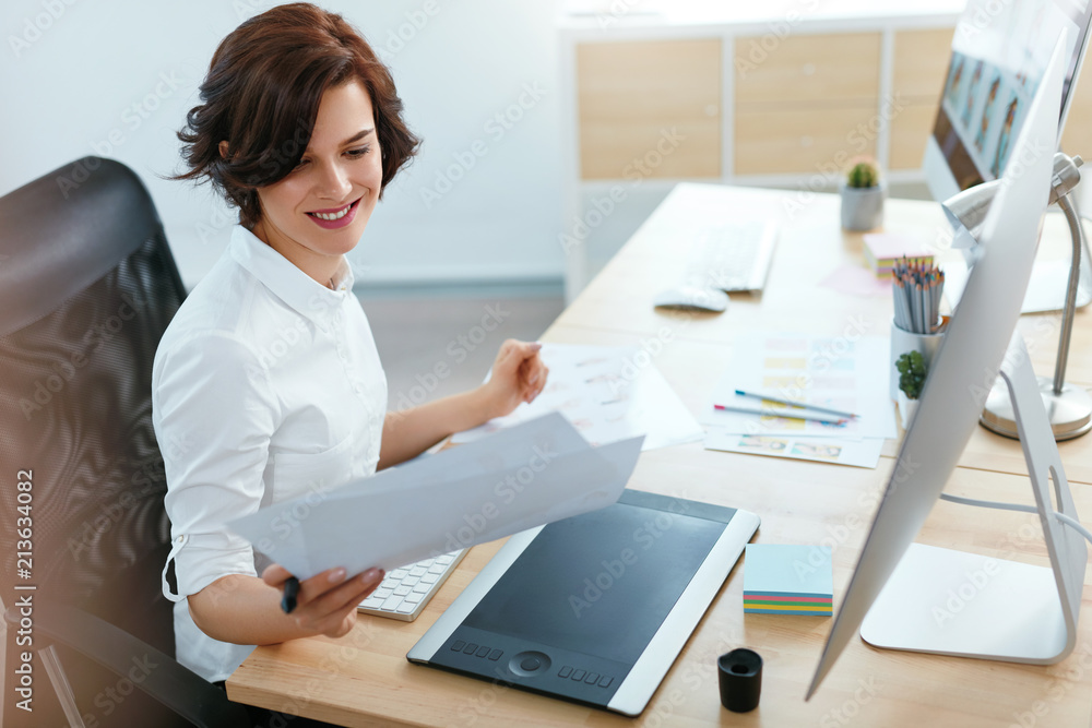 Woman Working On Project On Computer In Office Woman Working On Project On Computer In Office
