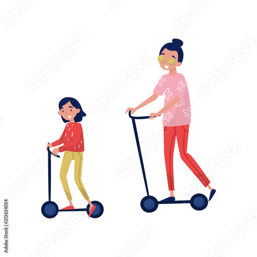 Smiling teenager girl with her little sister riding on kick scooters. Kids having fun outdoor. Active lifestyle. Flat vector design