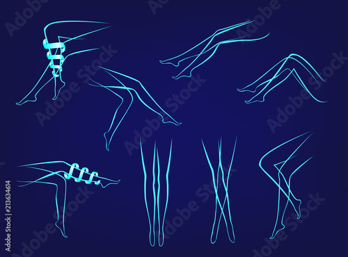 blue contours of slender female legs in various poses on a dark blue background. Woman legs in different poses set. Elegant lying, standing, and sitting legs positions