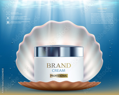 Cosmetic cream with seashell. Packaging brand design