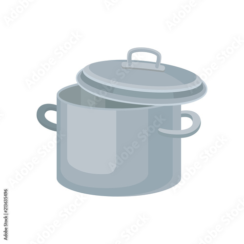 Flat vector icon of metal saucepan for cooking food. Stainless pot with two handles and lid. Kitchenware theme