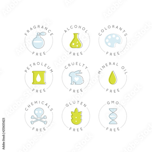 Isolated Vector Style Illustration Logo Set Badge Ingredient Warning Label Icons. GMO, Fragrance, Cruelty, Alcohol, Colorants, Petroleum, Mineral Oils, Chemicals, Gluten Free Organic Product Stickers