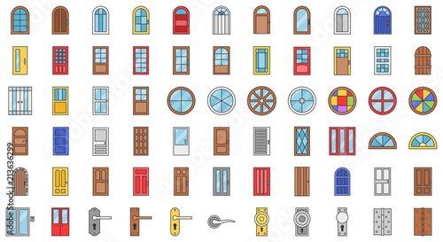 Door and window installation icon set, filled outline