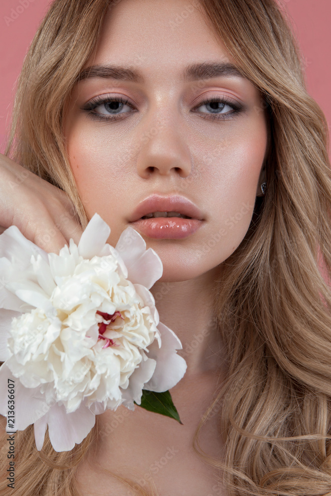 beauty portrait of young female with flower beauty portrait of young female with flower