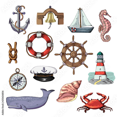 Sea vector marine or nautical symbols lighthouse and ship or sailboat with anchor on rope illustration set of maritime boat lifebuoy isolated on white background