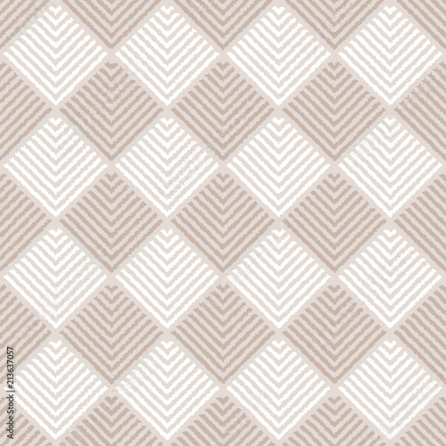 Beige and white striped squares ornament geometric abstract fabric seamless pattern, vector