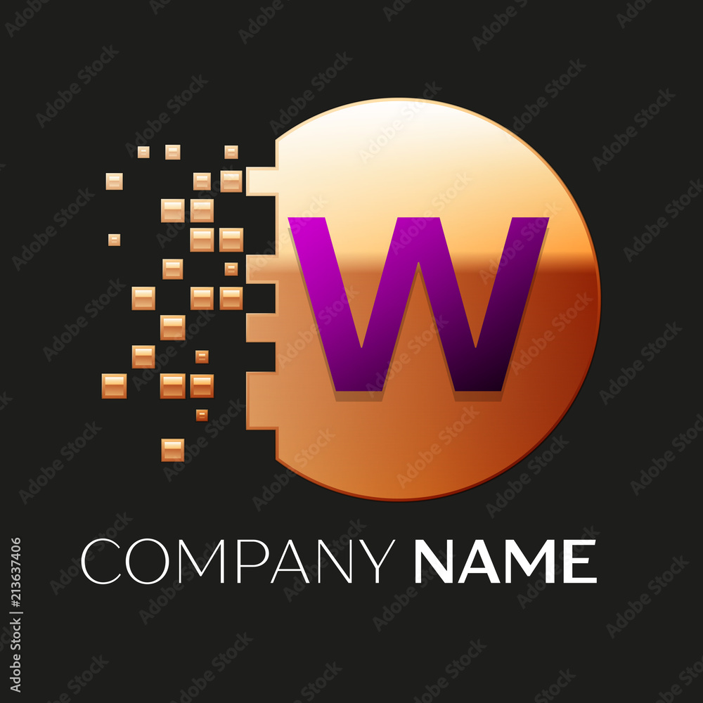 Realistic Purple Letter W logo symbol in the golden colorful pixel ...