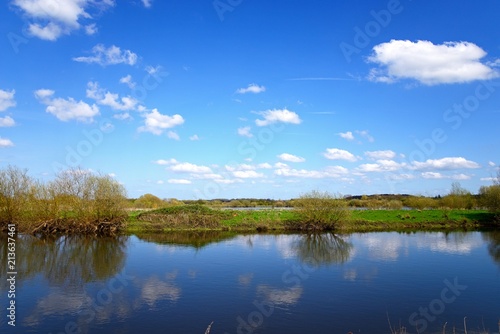 View across the River Tame towards marshland at the National Memorial Arboretum during the Springtime  Alrewas  UK.